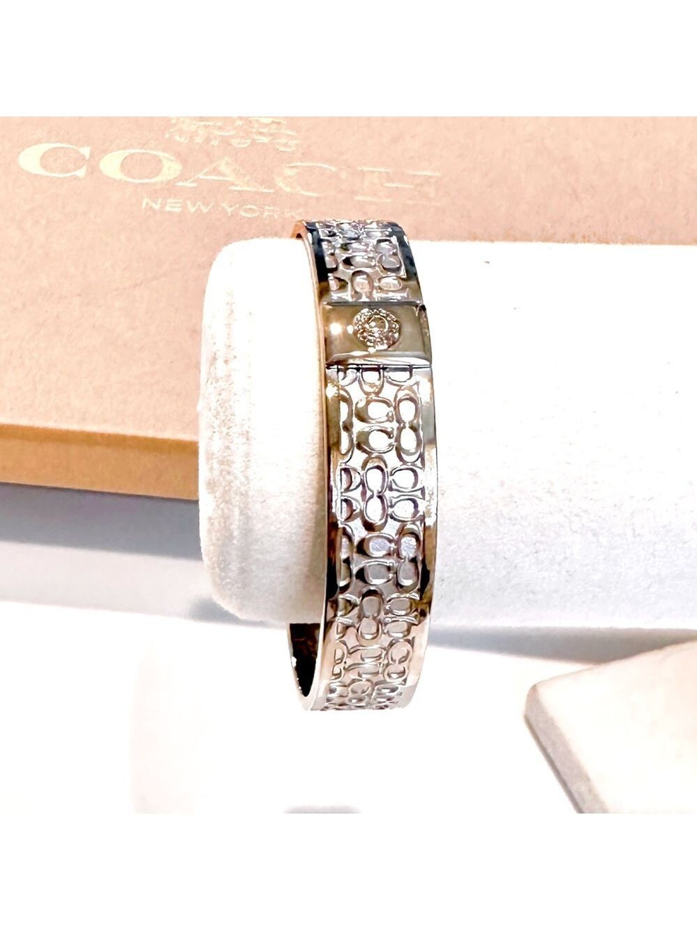 COACH Silver Signature Engraved Logo Bangle NWOT - Picture 5 of 12